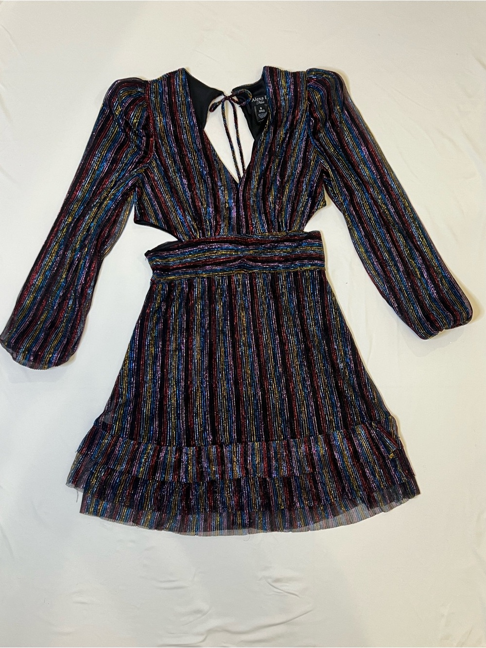 Metallic Multi-Stripe V-Neck Ruffle Mini Dress